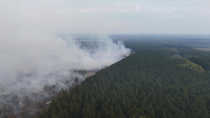 This aerial photograph shows a wildfire burning in the Hautes Fagnes (High Fens) nature reserve in Waimes on August 15, 2026. 
