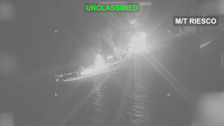 An Iranian crude oil carrier identified as M/T Riesco burns as it sinks after being struck by the US on September 8, 2026.