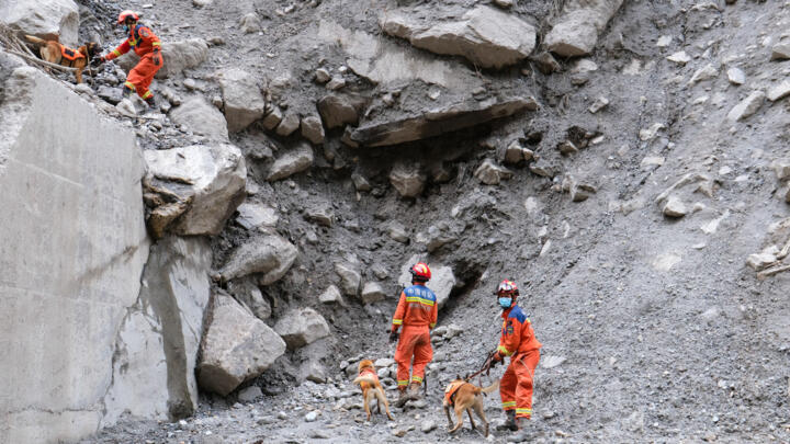 Fire and rescue personnel use dogs to search for victims of a mudslide beside the road which leads to Gyirong Port in Gyirong County, in China’s western Tibet region