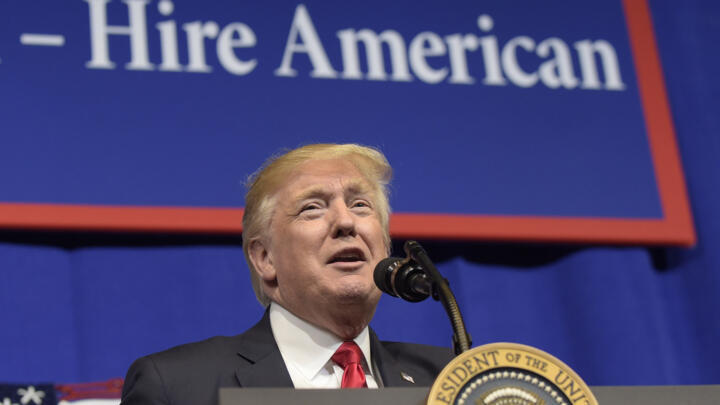 US President Donald Trump speaks at tool manufacturer Snap-on Inc. in Kenosha, Wisconsin on April 18, 2017.