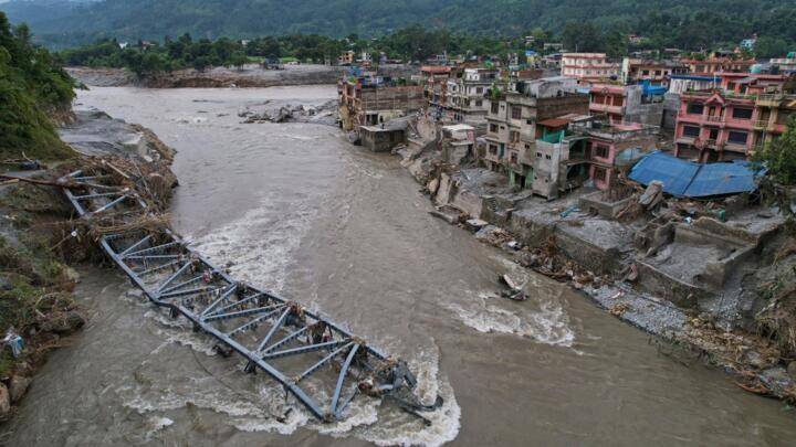 A drone view of a bridge damaged by flash flooding along the Tadi River in the Devighat area of Nuwakot district, Nepal, on August 29, 2026.