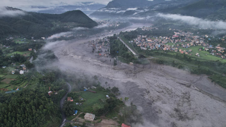 A drone view of the aftermath of flash flooding along the Trishuli river amidst fresh water surge warning in the Trishuli Bazaar area of Nuwakot district, Nepal, Sunday, Aug. 30, 2026. 