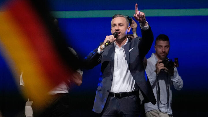 Top candidate Ulrich Siegmund speaks at an election party of the "Alternative for Germany" (AfD) after the Saxony-Anhalt state elections in Magdeburg, eastern Germany, Sunday, Sept. 6, 2026.
