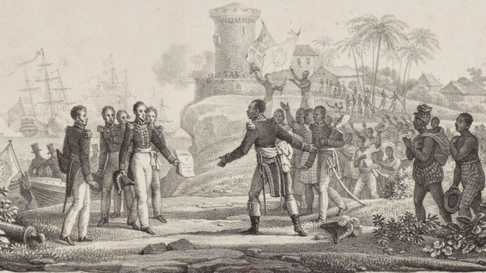 Baron de Mackau hands Haitian President Jean-Pierre Boyer a French order demanding payment of 150 million gold francs in exchange for recognition of Haiti's independence.