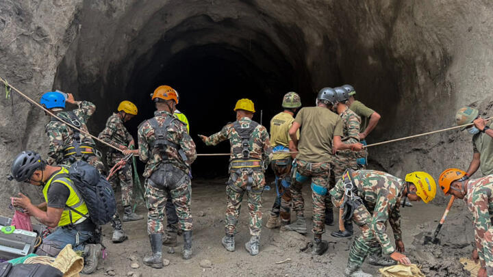Army personnel conducting a search and rescue operation at a tunnel site of the Rasuwagadhi Hydropower project in Rasuwa.