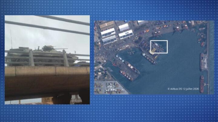 The photo at left, posted on July 23, 2026, shows a convoy of military vehicles driving through the town of Sikasso in Mali. The image at right is a satellite image of the Mikhail Britnev taken on July 12, 2026.