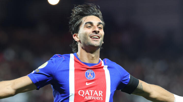 PSG's Spanish forward #09 Ferran Torres celebrates after scoring his team's first goal during the French L1 football match between Stade Brestois 29 and Paris Saint-Germain (PSG)