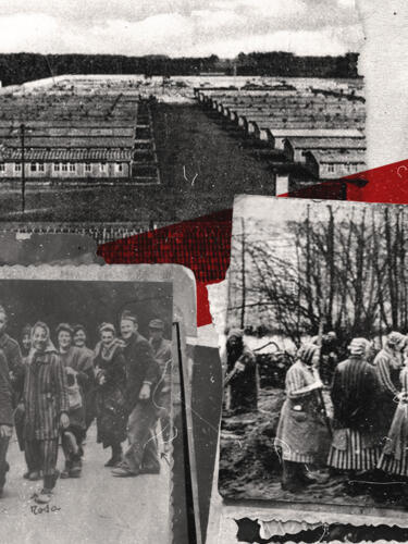 Left: French women who were part of the Resistance head home after their release from Ravensbrück. Right: Forced labour at the Nazi concentration camp for women.