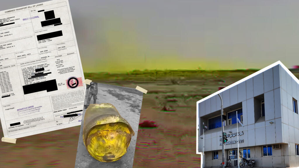 Thanks to exclusive documents (left), the FRANCE 24 Observers team was able to reconstruct how barrels of chlorine used as chemical weapons were brought to Sudan (centre image). 