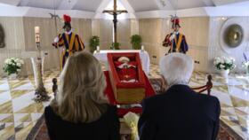 The Vatican media show Pope Francis in his open coffin in the Vatican on April 21, 2025.