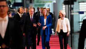 Canadian Prime Minister Mark Carney participates in a welcoming ceremony with Roberta Metsola and Ursula von der Leyen at the European Parliament in Strasbourg, France on September 16, 2026.