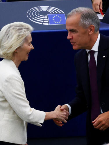 Canadian Prime Minister Mark Carney shakes hands with European Commission President Ursula von der Leyen as he attends her State of the European Union address (SOTEU) to the European Parliament, in Strasbourg, France, September 16, 2026