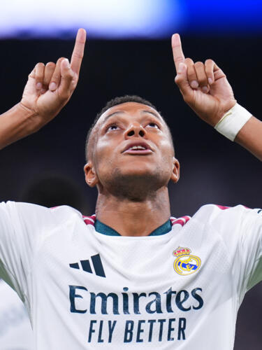 Real Madrid's Kylian Mbappé celebrates scoring his side's 4th goal during the Spanish La Liga soccer match between Real Madrid and Rayo Vallecano in Madrid, Spain, Saturday, September 12, 2026