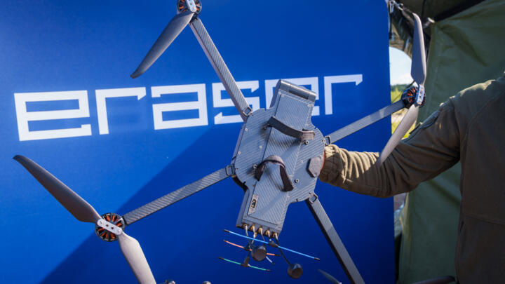 A Latvian Eraser B19 drone is seen during the International military anti drone exercise Baltic Trust 25 (BATT25) at the Selonia (Selija) military training ground near Viesite on August 27, 2025.