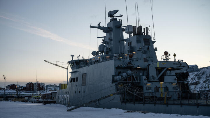 This photograph shows a Danish military frigate docked in the port of Nuuk, Greenland, on February 26, 2026