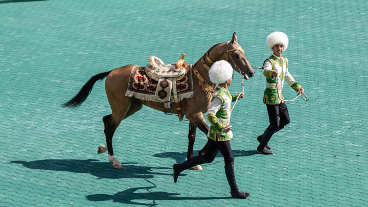 Trainers lead an Akhal-Teke stallion during its presentation at an Akhal-Teke breed beauty contest in an equestrian complex in the Turkmen capital of Ashgabat on April 25, 2026.