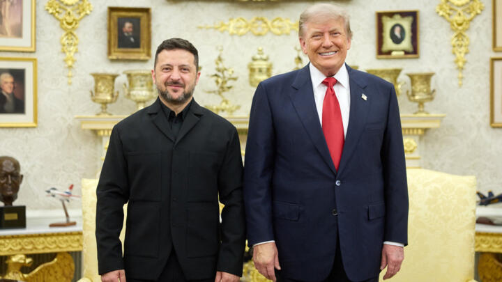 This handout photograph taken and released by the Ukrainian Presidential Press Service on July 28, 2026, shows Ukraine's President Volodymyr Zelensky (L) and US President Donald Trump