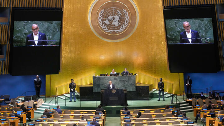FILE - Iran President Masoud Pezeshkian addresses the 80th session of the United Nations General Assembly, Wednesday, Sept. 24, 2025.