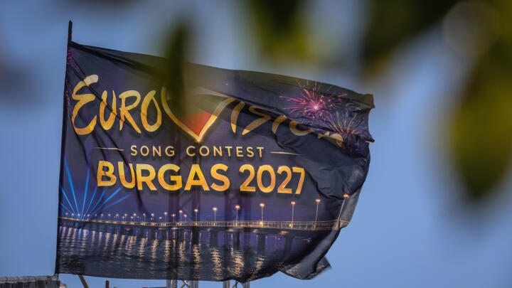 FILE - An Eurovision flag flies at the port of Burgas, on Bulgaria's Black Sea coast, which will host the 71st Eurovision Song Contest in 2027, Friday, Aug. 14, 2026.