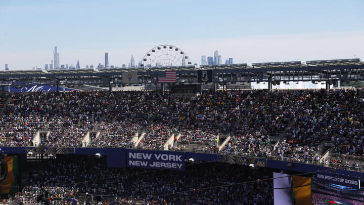 The New York City skyline is seen behind the stadium in East Rutherford, New Jersey, near New York