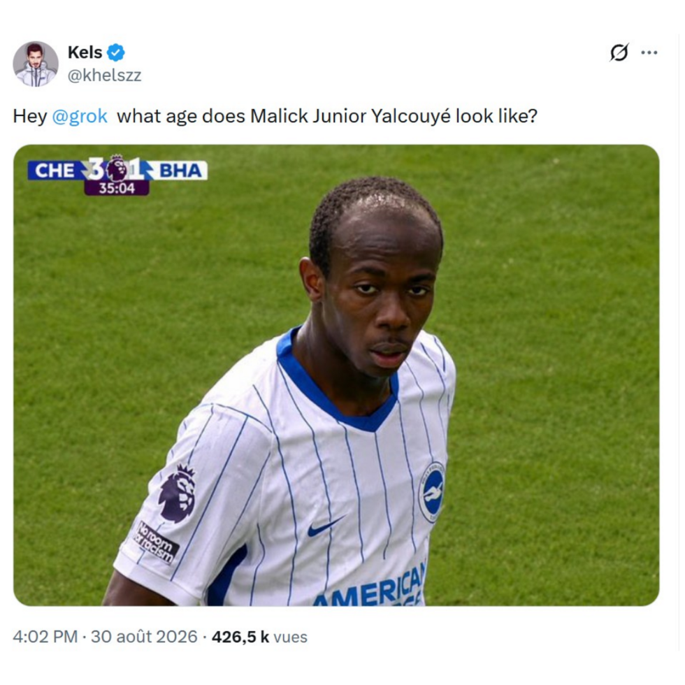 One X user asked the AI Grok to determine Malick Yalcouyé’s age based on this photo taken during the match between Chelsea and Brighton on August 30, 2026. © X.com
