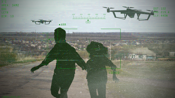 Civilians flee airborne drones in this graphic.