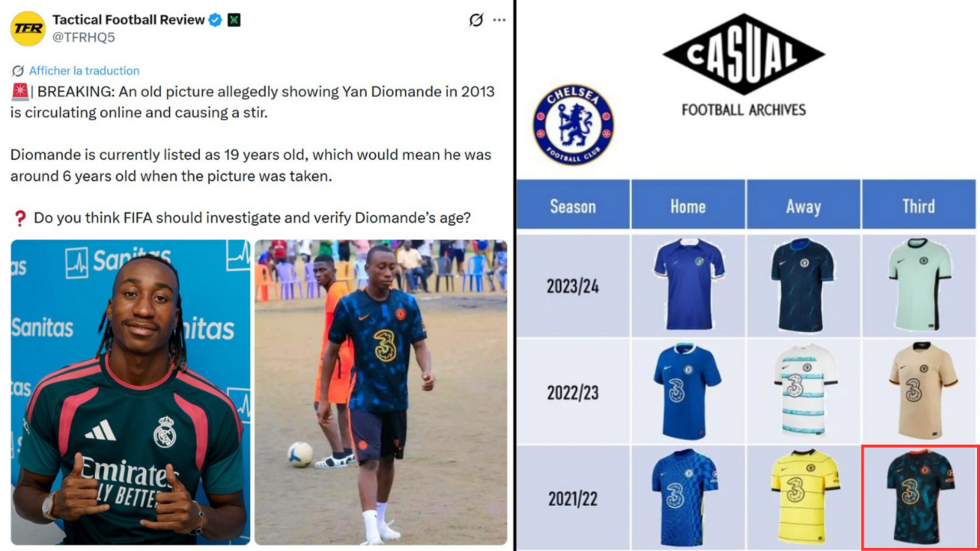At left is a post casting doubts on footballer Yan Diomandé’s age. The post says that these two photos were taken in 2013— proof that he lied about his age as he would have only been six in 2013.  However, the Chelsea jersey he is wearing is actually from the 2021-22 season, as shown by the site Casual Football Shirts. Diomandé was 14 or 15 in 2021 or 2022. © Casual Football Shirts / Montage by the Observers
