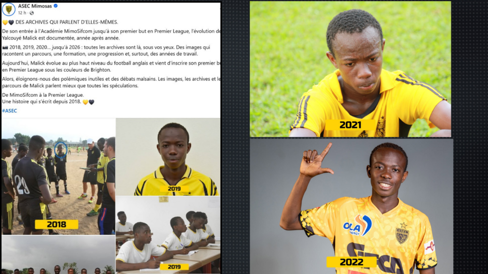 At left is the Facebook post by Malick Yalcouyé’s youth club, ASEC Mimosas, which shared photos of Yalcouyé being trained from 2018 onwards. At right are two photos of Yalcouyé taken in 2021 and 2022