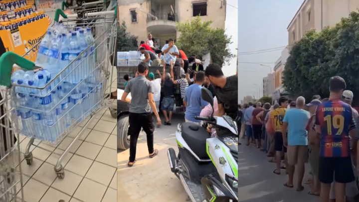 At left: this is a screengrab of a video shared on TikTok by mchalbi on August 31. Middle: This image shows bottled water being distributed. It was posted on X by the Rafael Sereti account on August 31. At right: This image shows a long line of people waiting for water being distributed by a group called  Société L'espoir in Teboulba near Monastir. 