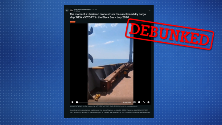 In this X post, a video falsely described as showing a drone attack on a US vessel in Egypt has been viewed more than one million times. The video in fact shows a Ukrainian drone striking a Russian-owned ship in the Black Sea on July 24.