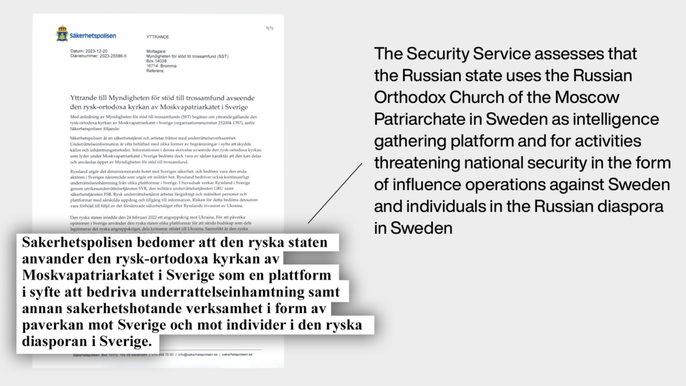The Swedish domestic intelligence agency SAPO has warned that the Russian government is using the Moscow Patriarchate in Sweden as a platform for intelligence gathering and other activities.