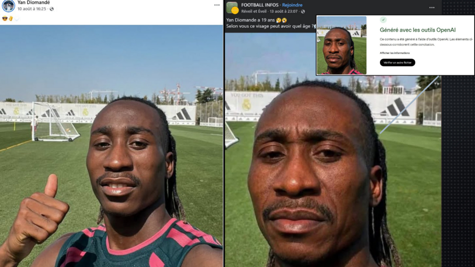 At left is the original photo posted on Diomandé’s Facebook on August 10. At right is the AI-modified image that makes it look like Diomandé has lots of wrinkles. OpenAI’s AI-detection tool shows that the image at the right was modified using AI (the tool’s analysis is in the upper right of the image). © Yan Diomandé / Facebook / Montage by the Observers